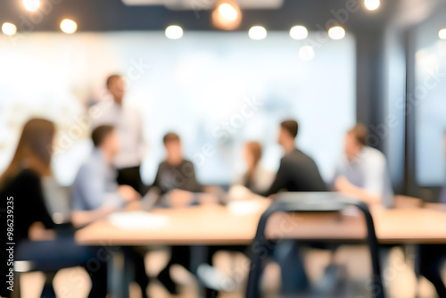 Blurred of Business Professionals Collaborating in Corporate Office Meeting for background