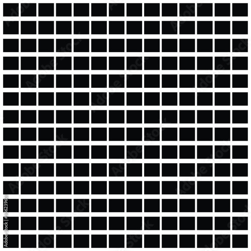 Grid, mesh, lattice, grating with distort, deform effect. Distortion, stock illustration. Geometric pattern with black and white squares. Seamless abstract Brick wall background