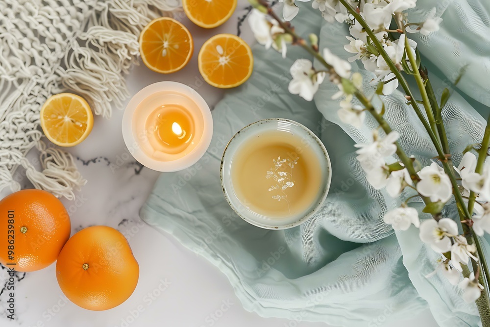 White Candle, Oranges, and Flowers on a White Marble Surface White Candle, Oranges, and Flowers on a White Marble Surface