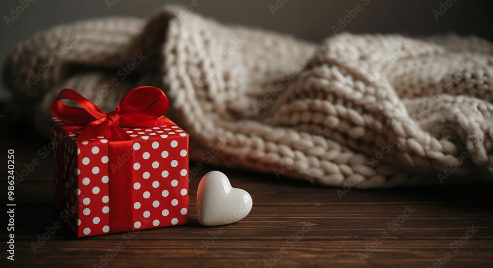 Gift box with decor and heart detail on cozy knitted background Gift box with decor and heart detail on cozy knitted background