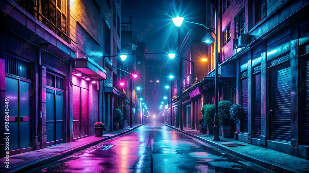 Empty dark street with neon lights and spotlights, creating a mysterious and atmospheric night scene, Dark Empty dark street with neon lights and spotlights, creating a mysterious and atmospheric night scene, Dark