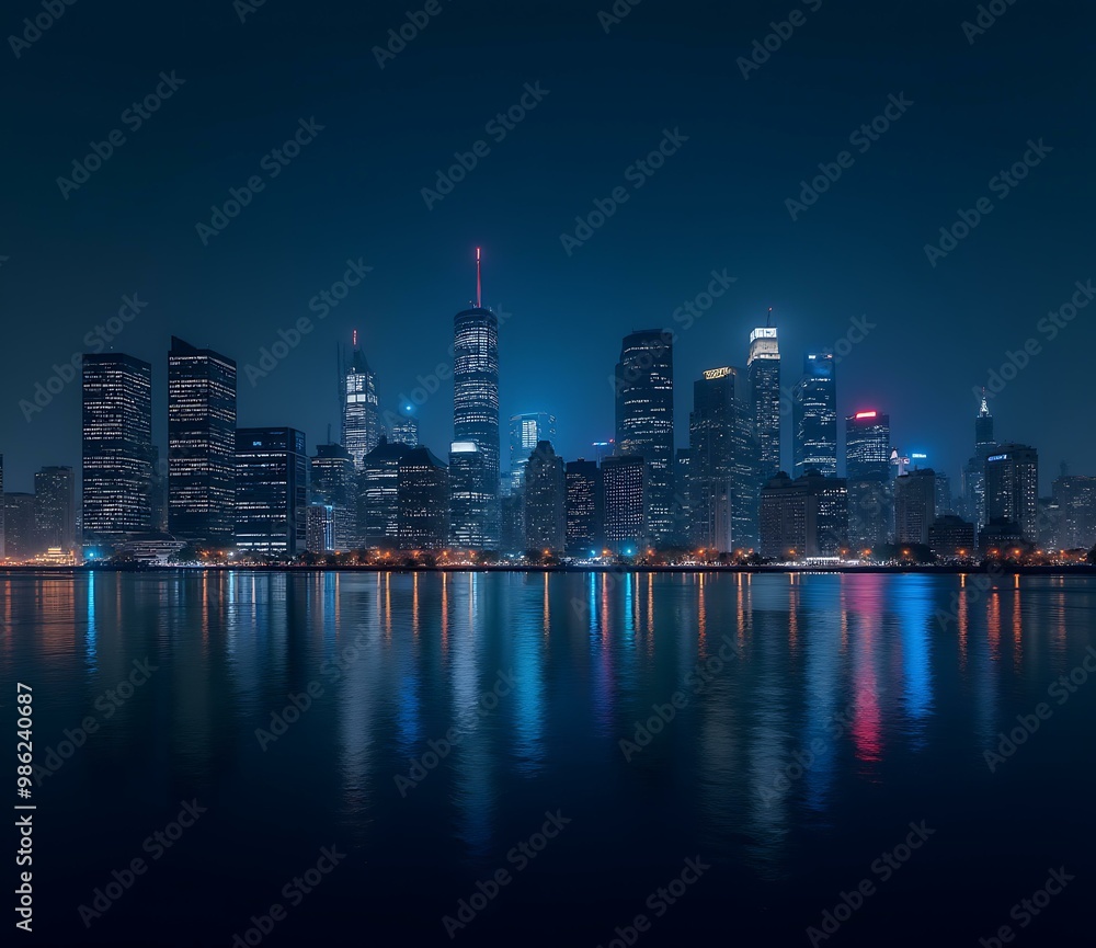 Fototapeta premium Nighttime Skyline of City with Reflections on Water