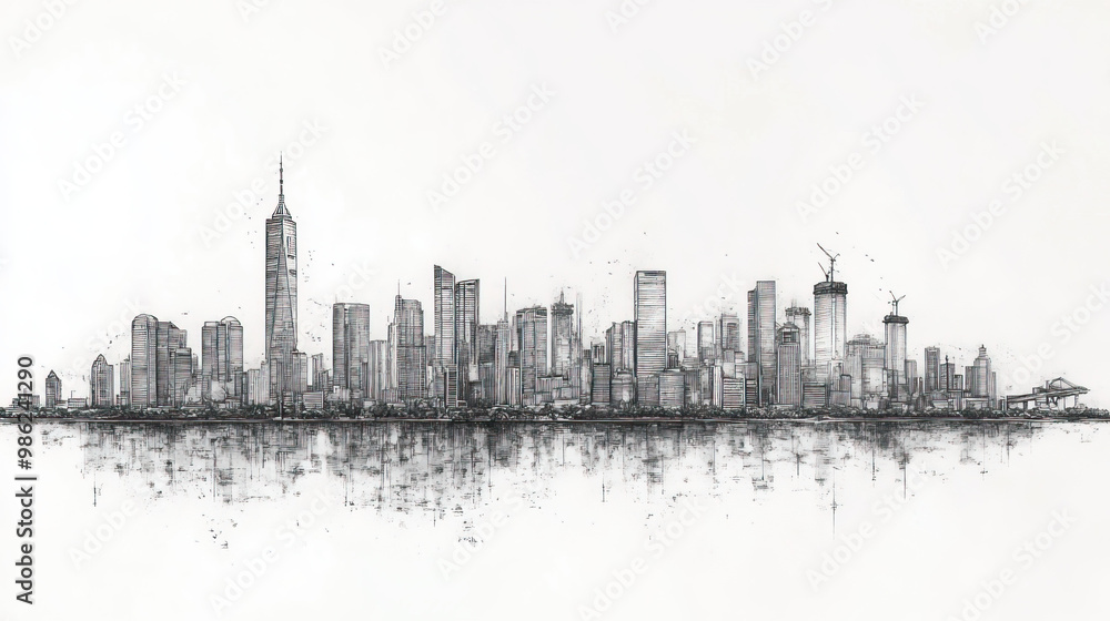 Naklejka premium Incheon, South Korea, black and white pen pencil hand-drawn effect drawing illustration for travel poster, card, wallpaper, backdrop or banner. Modern, clear, artistic and simple