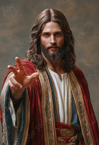 Jesus Christ, in red and blue robes with his hand raised