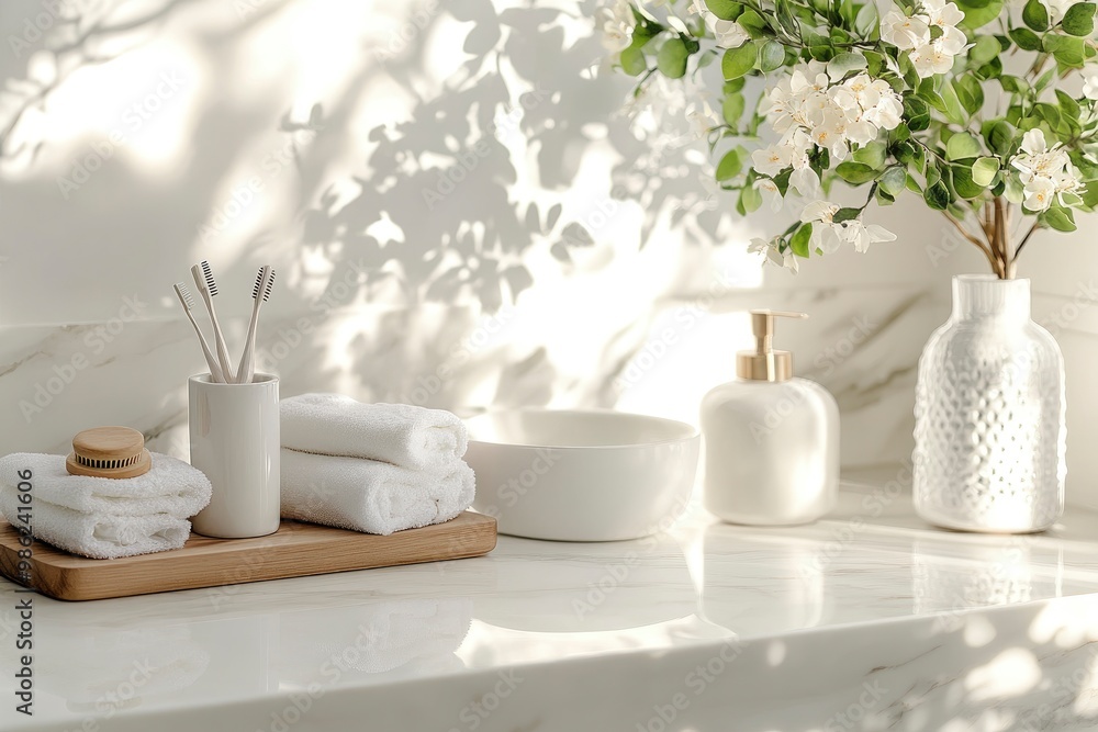 Natural white marble bathroom tabletop with bath accessories set and copy space with generative ai Natural white marble bathroom tabletop with bath accessories set and copy space with generative ai