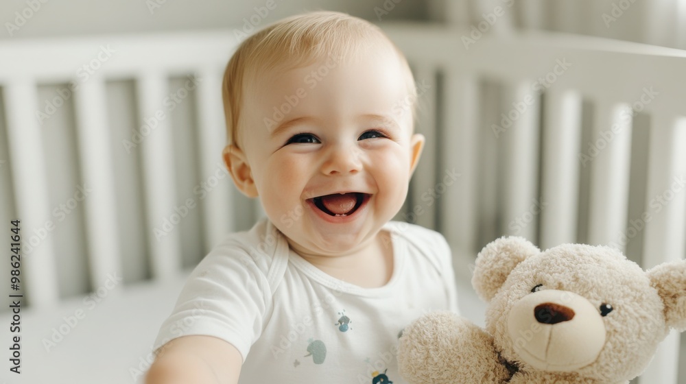 A joyful baby smiles broadly while holding a teddy bear in a cozy crib, radiating happiness and innocence. A joyful baby smiles broadly while holding a teddy bear in a cozy crib, radiating happiness and innocence.