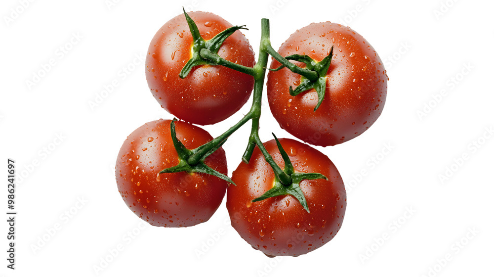 Fresh ripe red tomatoes on vine with water droplets and transparent background Fresh ripe red tomatoes on vine with water droplets and transparent background