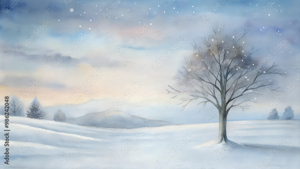 Calm snowy meadow with lonely tree Calm snowy meadow with lonely tree
