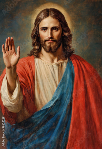 Jesus Christ, in red and blue robes with his hand raised