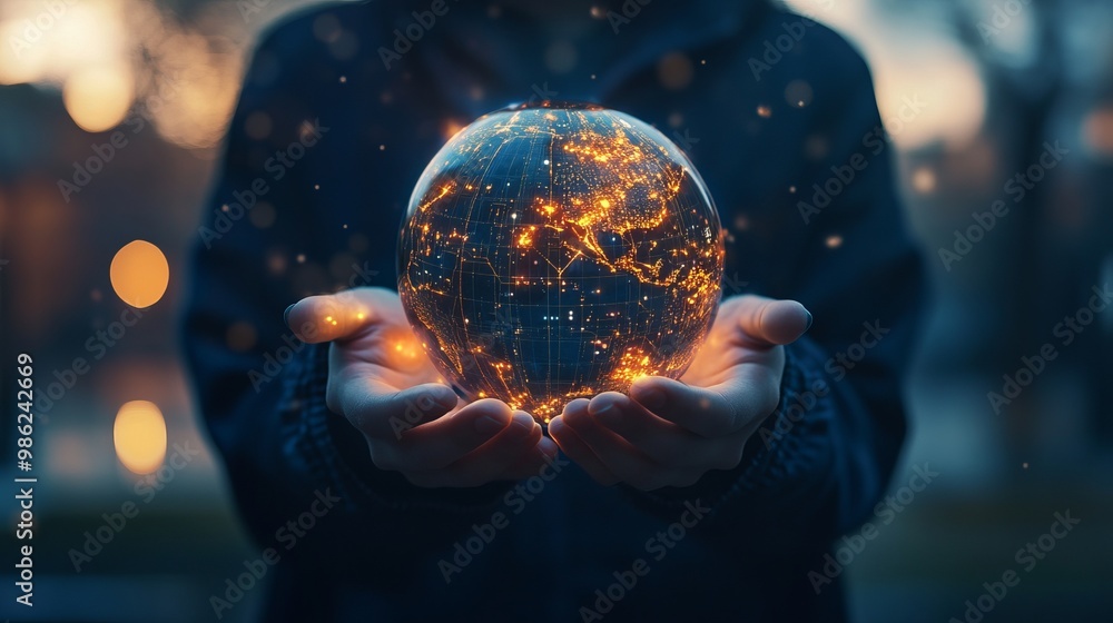 Fototapeta premium A person holds a glowing globe, symbolizing global connection.