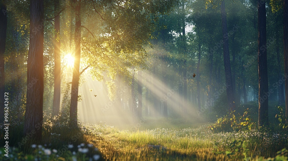 Sunbeams illuminating a misty forest clearing with flowers and butterflies Sunbeams illuminating a misty forest clearing with flowers and butterflies