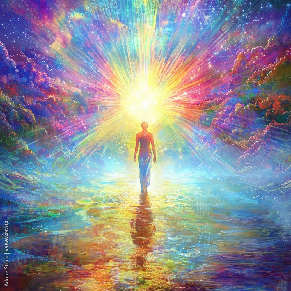 A woman walks toward a radiant light A woman walks toward a radiant light