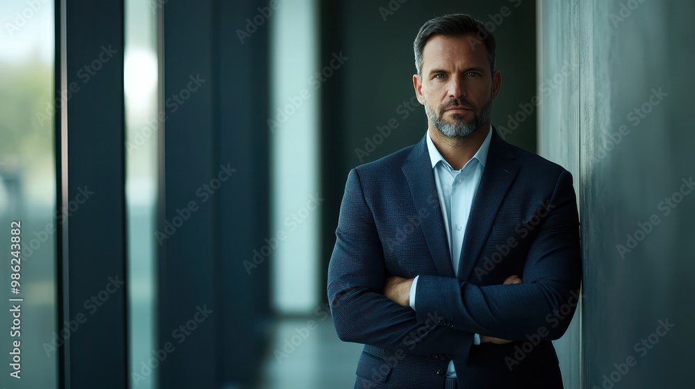 Businessman with a stern look, standing by an office wall, hands clasped, looking at the camera. Businessman with a stern look, standing by an office wall, hands clasped, looking at the camera.