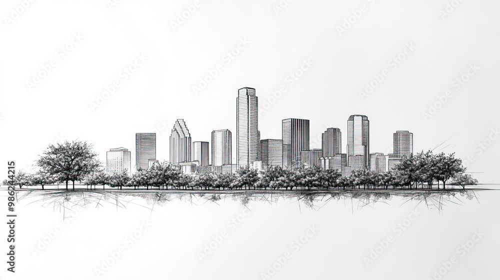 Obraz premium Irving, Texas, black and white pen pencil hand-drawn effect drawing illustration for travel poster, card, wallpaper, backdrop or banner. Modern, clear, artistic and simple