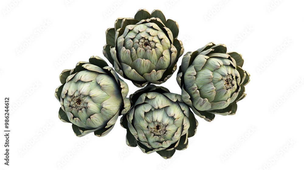 Obraz premium Top view of four artichokes arranged on transparent background highlighting natural patterns and textures