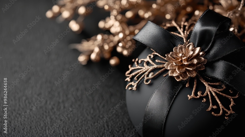 Naklejka premium An elegant black gift box adorned with golden decor elements and a black ribbon, beautifully set against a dark background, suggesting a sophisticated celebration.