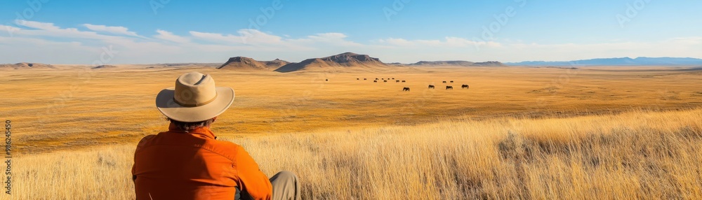 A person in a hat gazes over a vast golden landscape, with grazing cattle in the distance under a clear blue sky.