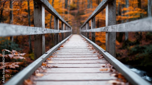 A quaint wooden pathway bridge set in the middle of a serene autumn forest, surrounded by trees adorned with orange and red leaves, offering a beautiful scenic view.