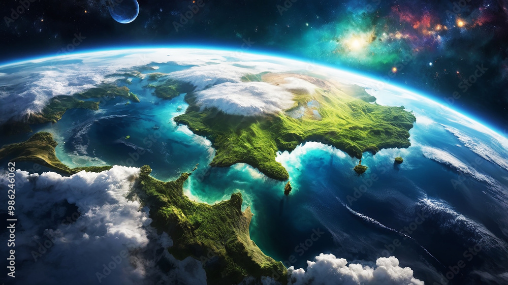 Fototapeta premium Panoramic view of Earth from space glowing city lights, light clouds, and the vibrant curve of the globe