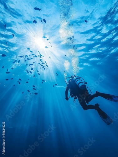 Wallpaper Mural Diver exploring underwater world surrounded by fish in clear blue ocean during bright sunlight Torontodigital.ca