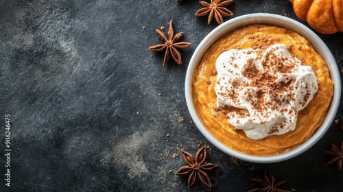 A delectable pumpkin dessert topped with whipped cream and sprinkled with fresh spices, beautifully presented in a white bowl, encapsulating autumn flavors and aesthetics. photo