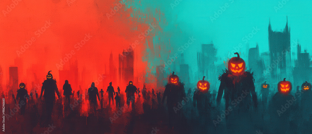 A busy Halloween street filled with trick-or-treaters, their costumes glowing in the light of lanterns and jack o' lanterns, in watercolor hues A busy Halloween street filled with trick-or-treaters, their costumes glowing in the light of lanterns and jack o' lanterns, in watercolor hues