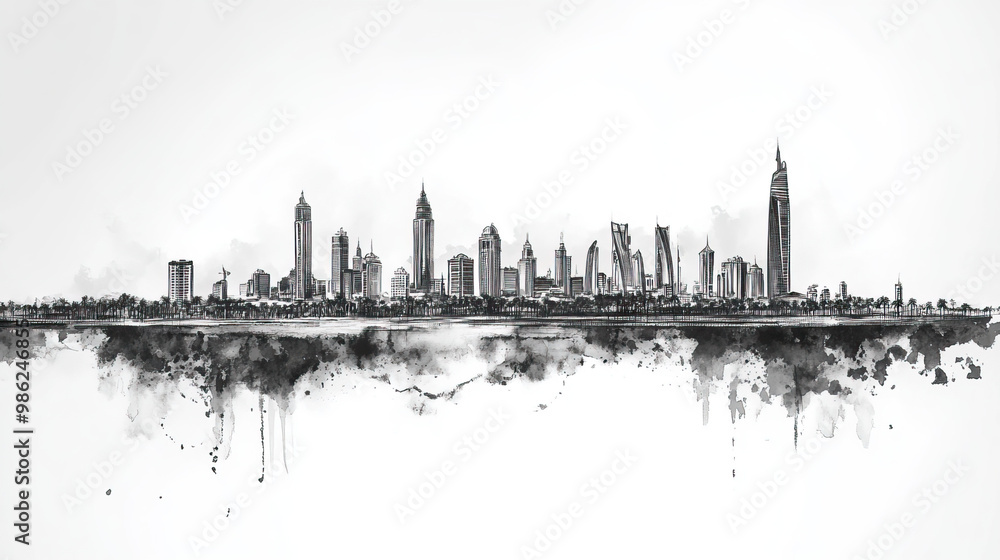 Naklejka premium Jeddah, Saudi Arabia, black and white pen pencil hand-drawn effect drawing illustration for travel poster, card, wallpaper, backdrop or banner. Modern, clear, artistic and simple
