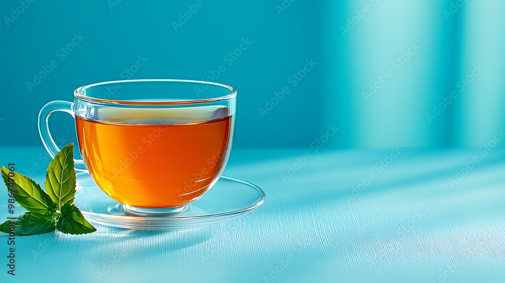 Fototapeta premium A glass cup of tea with mint leaves sits coolly against a blue backdrop, refreshing and serene.