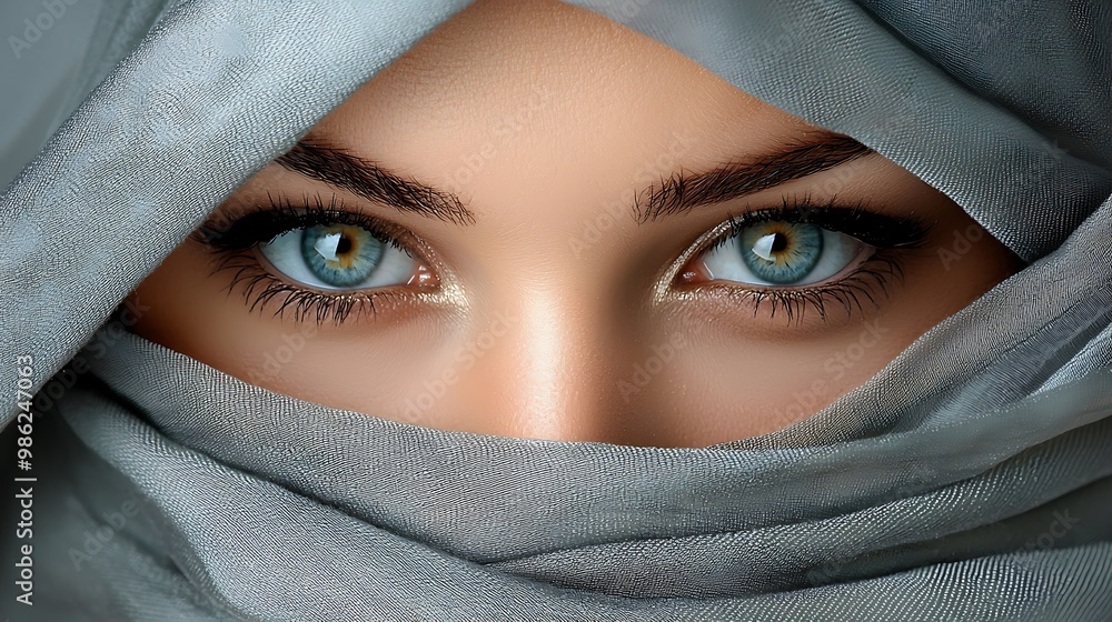 Fototapeta premium A woman's eye peeks from behind grey fabric, a quiet intensity in her gaze.