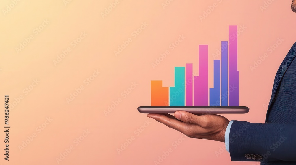 Hand holding a digital tablet with augmented budget graphs, financial forecast, digital finance Hand holding a digital tablet with augmented budget graphs, financial forecast, digital finance