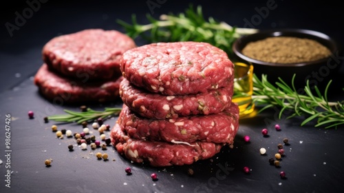 Seasoned raw meat patties stacked on a slate board, garnished with fresh herbs and peppercorns, ready for a delicious culinary creation.