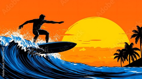 A surfer rides a wave at sunset, the silhouette framed by palm trees and a glowing sky.