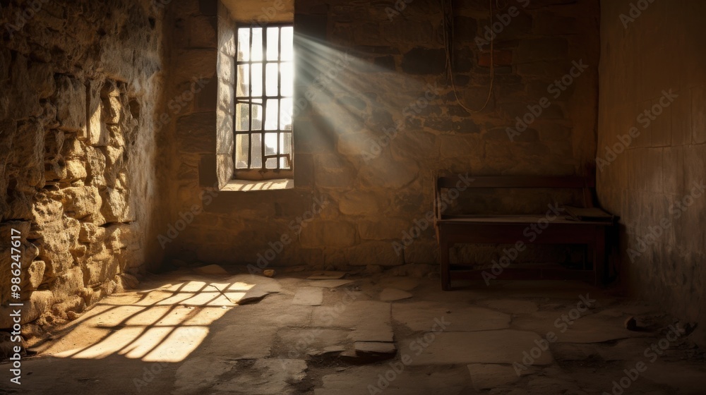Sunlight streams through an old barred window, illuminating the rustic, worn stone walls of an abandoned room, creating a peaceful, serene atmosphere. Sunlight streams through an old barred window, illuminating the rustic, worn stone walls of an abandoned room, creating a peaceful, serene atmosphere.