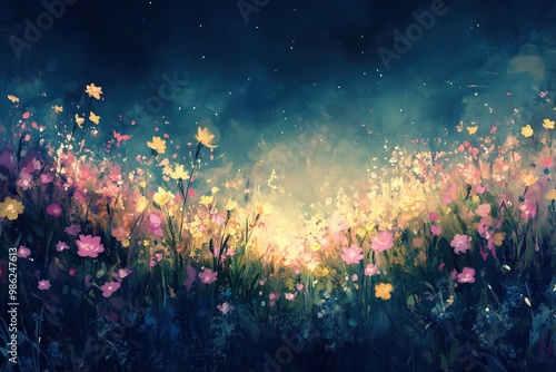 Abstract Wildflower Meadow at Night with Navy Blue, Pastel Ombre, and Glowing Stars