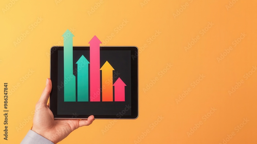 Hand holding a digital tablet with augmented budget graphs, financial forecast, digital finance Hand holding a digital tablet with augmented budget graphs, financial forecast, digital finance