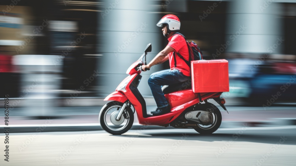 A delivery person rides a red scooter swiftly through an urban environment, captured in motion blur. A delivery person rides a red scooter swiftly through an urban environment, captured in motion blur.