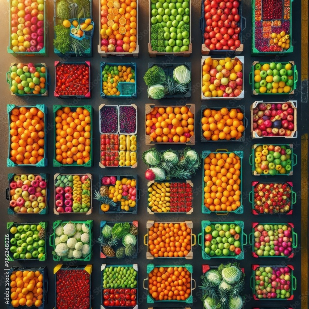 custom made wallpaper toronto digitalAerial view of crates filled with various fruits and vegetables, symbolizing organized logistics and distribution in the fresh produce industry.