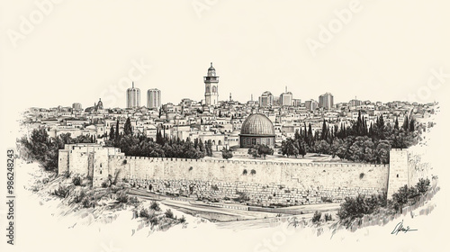 Jerusalem, Israel, black and white pen pencil hand-drawn effect drawing illustration for travel poster, card, wallpaper, backdrop or banner. Modern, clear, artistic and simple photo