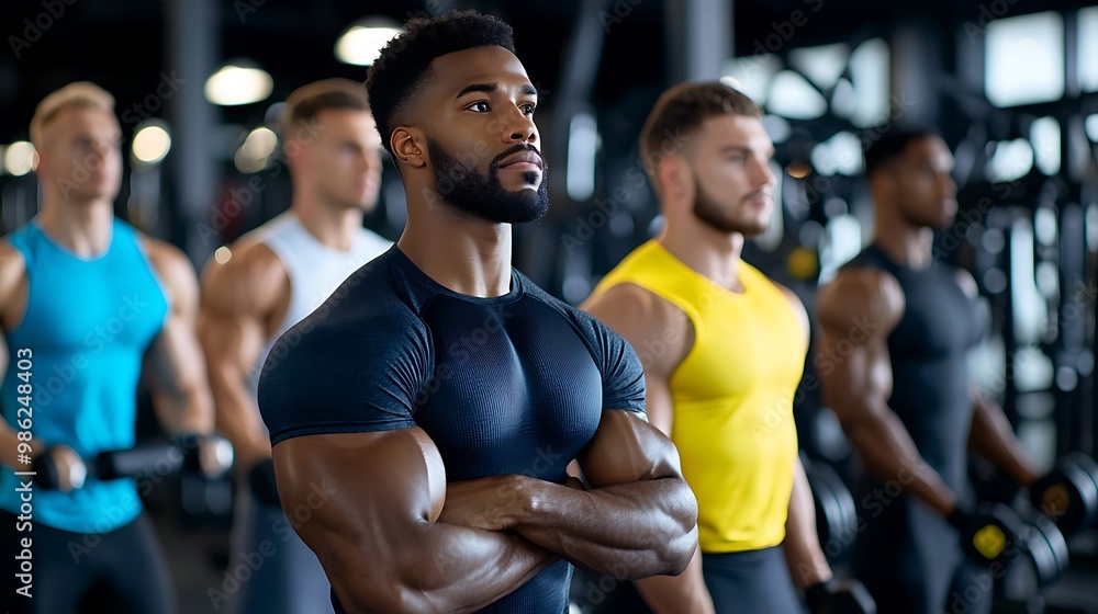 A muscular man stands with arms crossed in the gym, radiating strength and determination. A muscular man stands with arms crossed in the gym, radiating strength and determination.