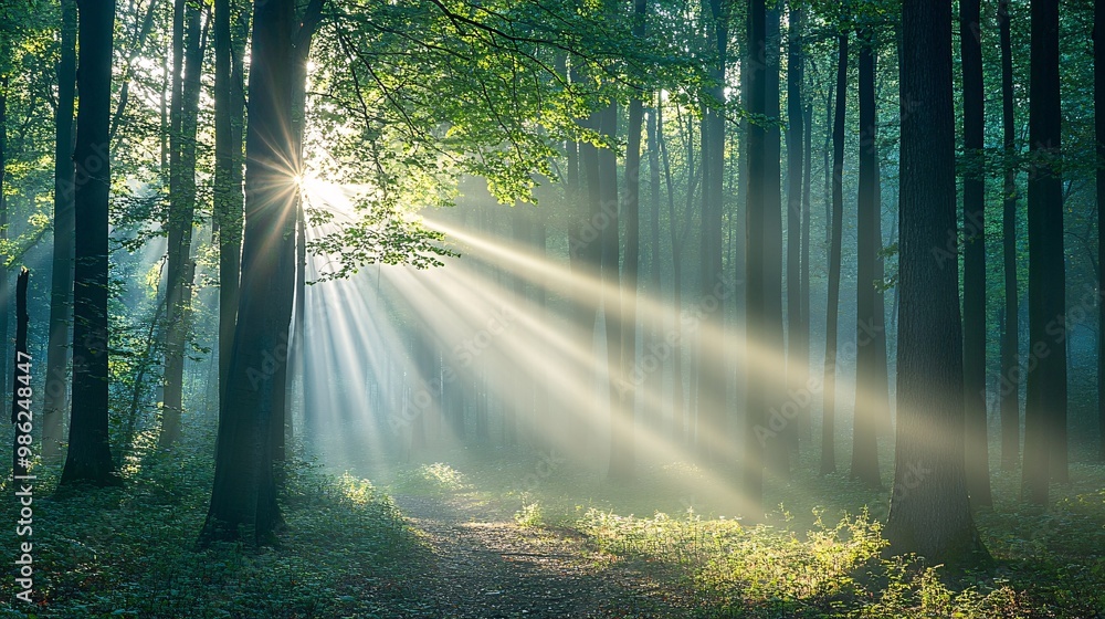 Fototapeta premium Sunbeams Illuminating a Misty Forest Path