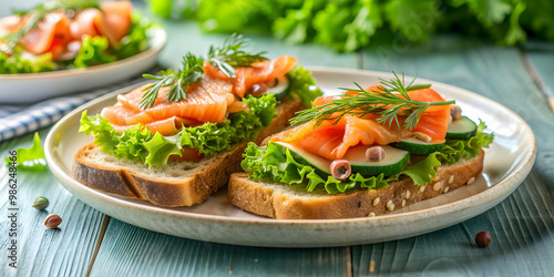 Plate of sandwiches with smoked salmon and fresh greens, food, sandwich, platter, appetizer, healthy, delicious, gourmet