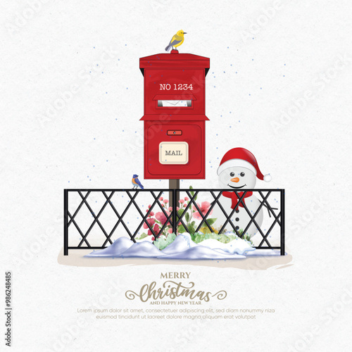 Red mailbox Christmas card. Minimalist greeting card. Christmas card, poster, banner in vector. Vintage mailbox illustration.
