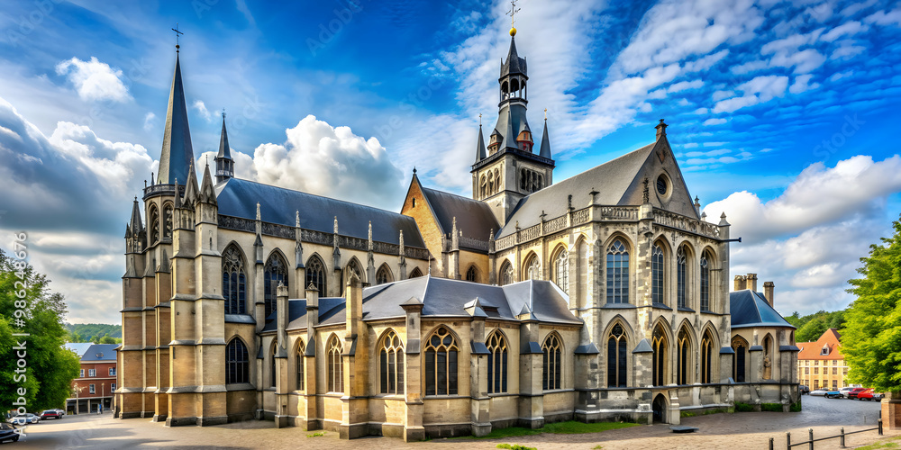 Fototapeta premium Historic Saint-Remacle Church in Verviers, Belgium with stunning Gothic architecture and towering spire
