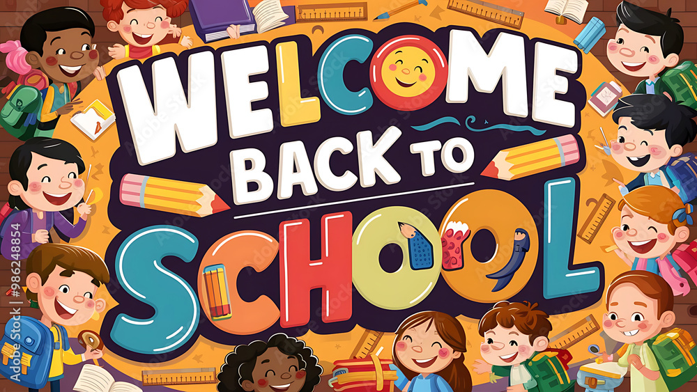 Fototapeta premium Welcome back to school lettering, cheerful boy and girl