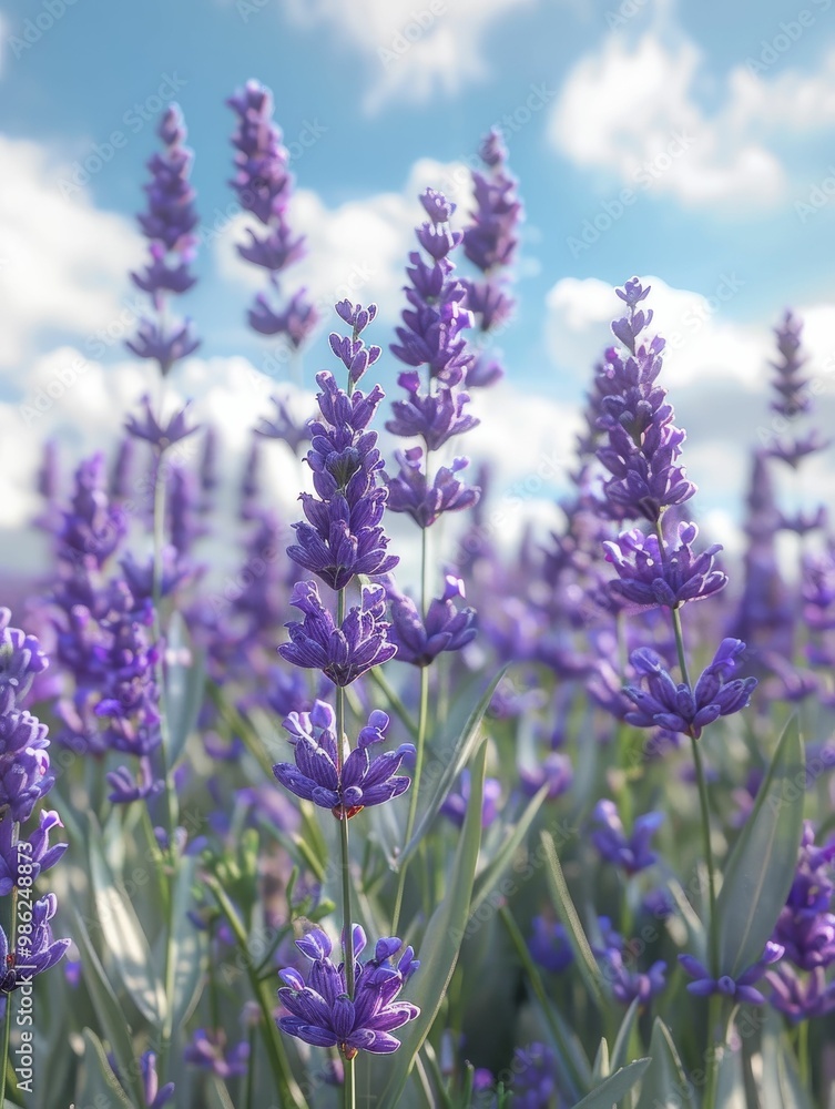 Fototapeta premium Lavender flowers blooming under a bright blue sky.
