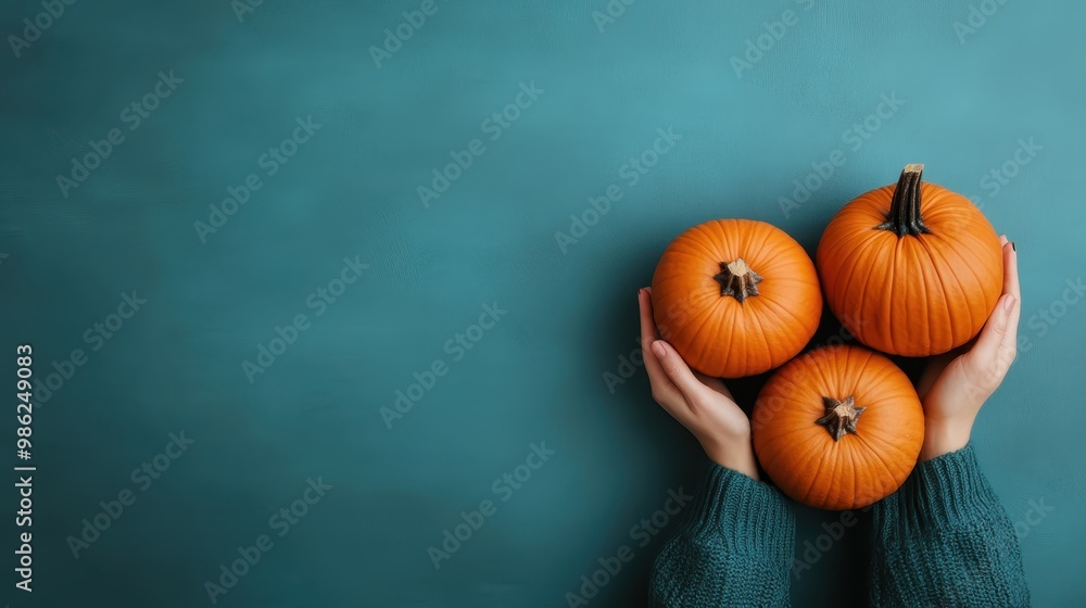 A pair of hands in a green sweater holds three small, vibrant orange pumpkins against a teal background, capturing the essence of an autumn or fall harvest scene. A pair of hands in a green sweater holds three small, vibrant orange pumpkins against a teal background, capturing the essence of an autumn or fall harvest scene.