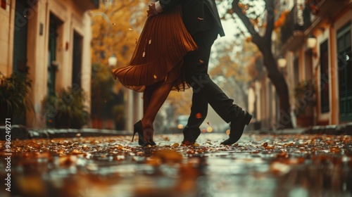 Fototapeta Naklejka Na Ścianę i Meble -  Romantic couple dancing in the rain on a charming autumn street, surrounded by vibrant fall leaves and scenic buildings.