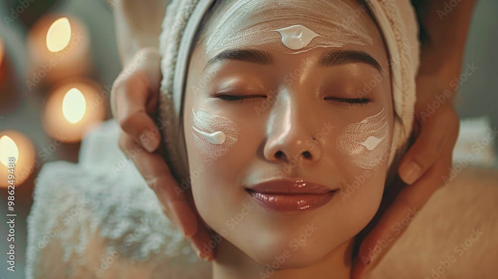 Relaxed woman enjoying spa treatment with facial mask, serene atmosphere. Relaxed woman enjoying spa treatment with facial mask, serene atmosphere.