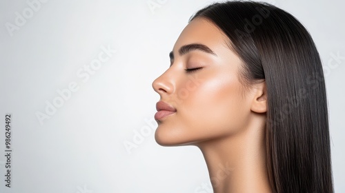 Elegant side portrait of a woman, straight hair, perfect facial structure, eyes closed, white background