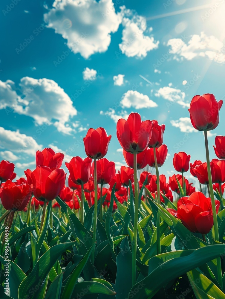 Fototapeta premium Vibrant red tulips bloom under a sunny blue sky with fluffy clouds.